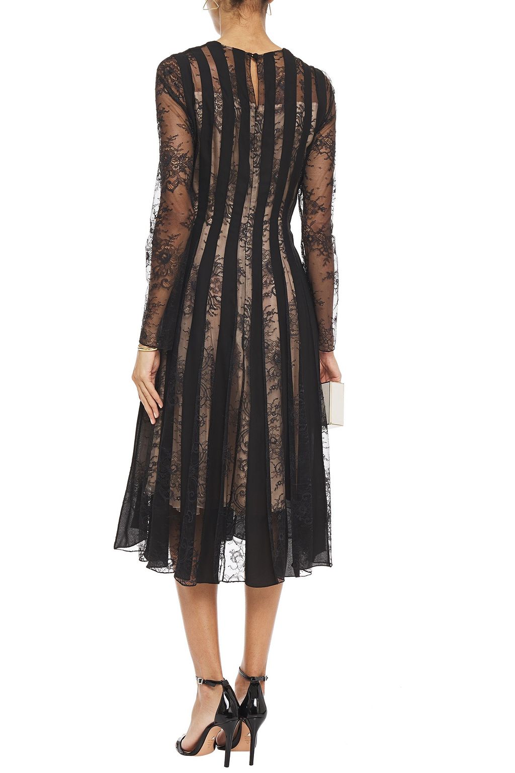 OSCAR DE LA RENTA Crepe de chine-paneled Chantilly lace midi dress