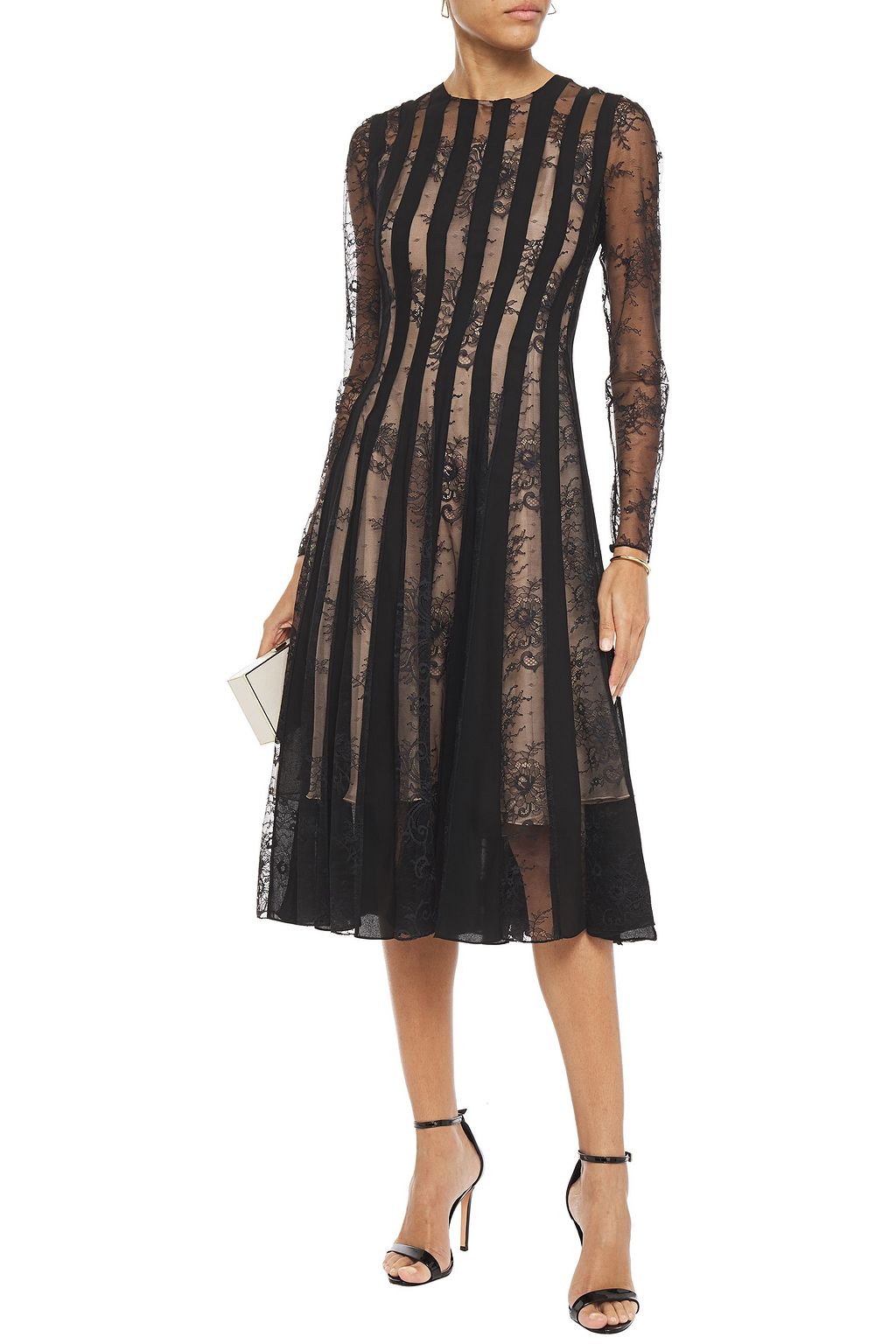 OSCAR DE LA RENTA Crepe de chine-paneled Chantilly lace midi dress