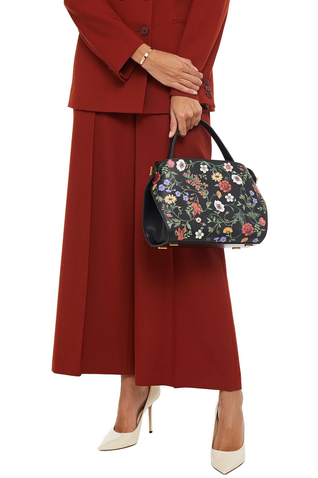 OSCAR DE LA RENTA Floral-print textured-leather shoulder bag