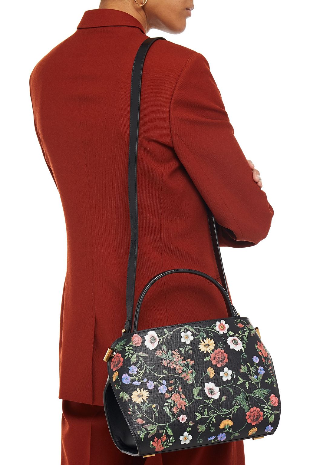 OSCAR DE LA RENTA Floral-print textured-leather shoulder bag