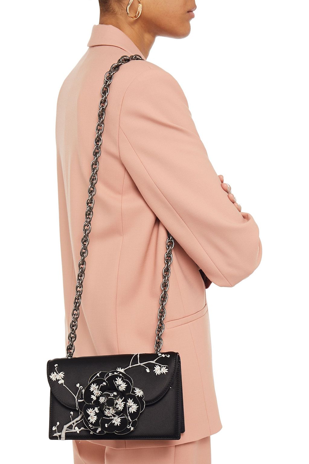 OSCAR DE LA RENTA Embroidered floral-appliquéd leather shoulder bag