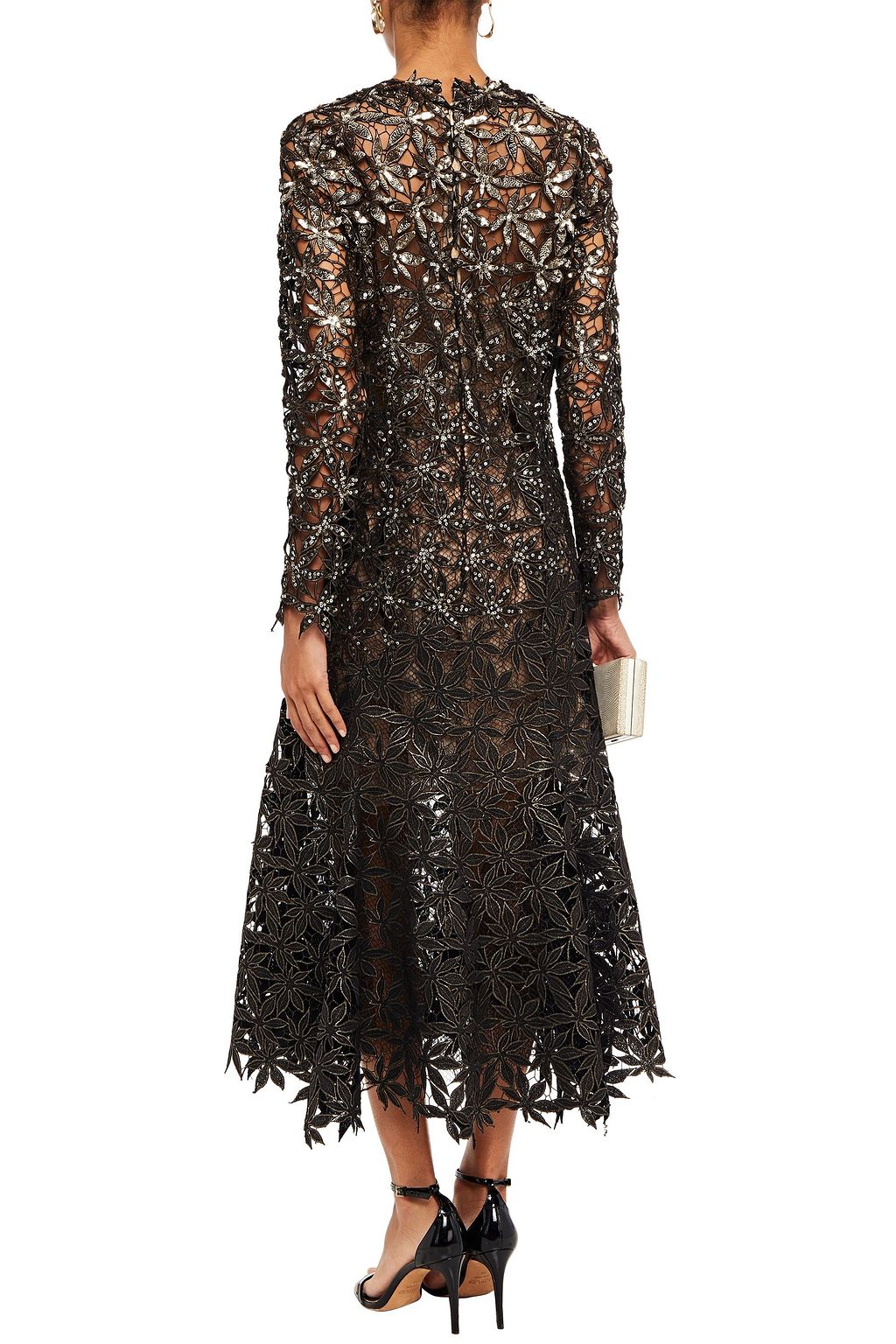 OSCAR DE LA RENTA Sequin-embellished metallic guipure lace and mesh midi dress