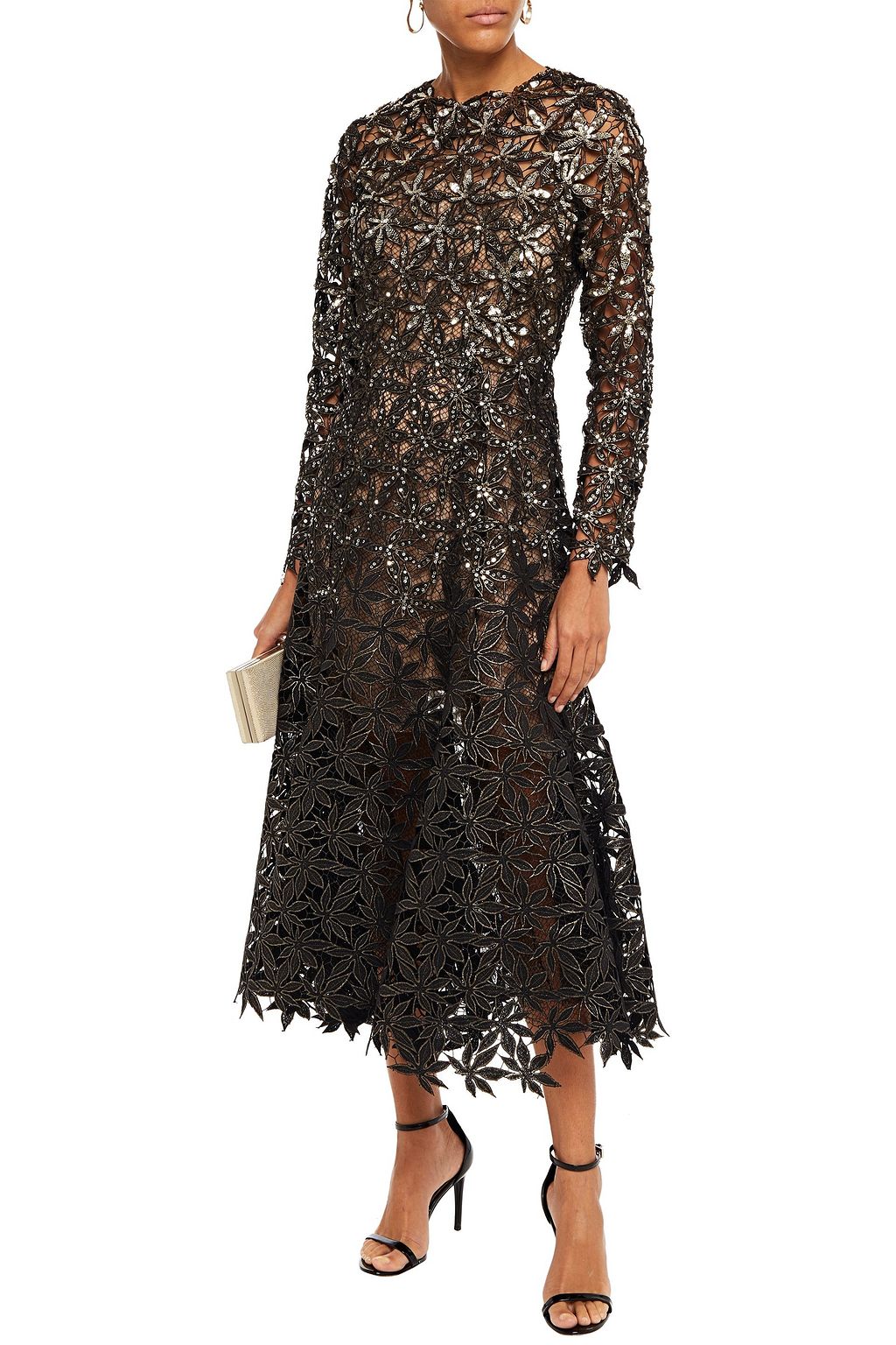 OSCAR DE LA RENTA Sequin-embellished metallic guipure lace and mesh midi dress