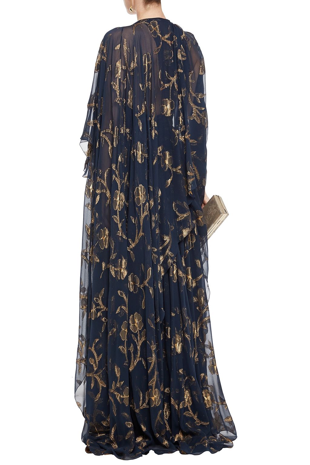 OSCAR DE LA RENTA Cape-back metallic fil coupé silk-blend chiffon gown