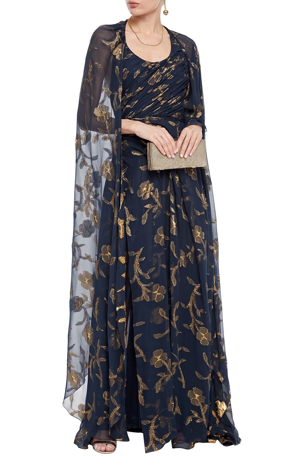 OSCAR DE LA RENTA Cape-back metallic fil coupé silk-blend chiffon gown