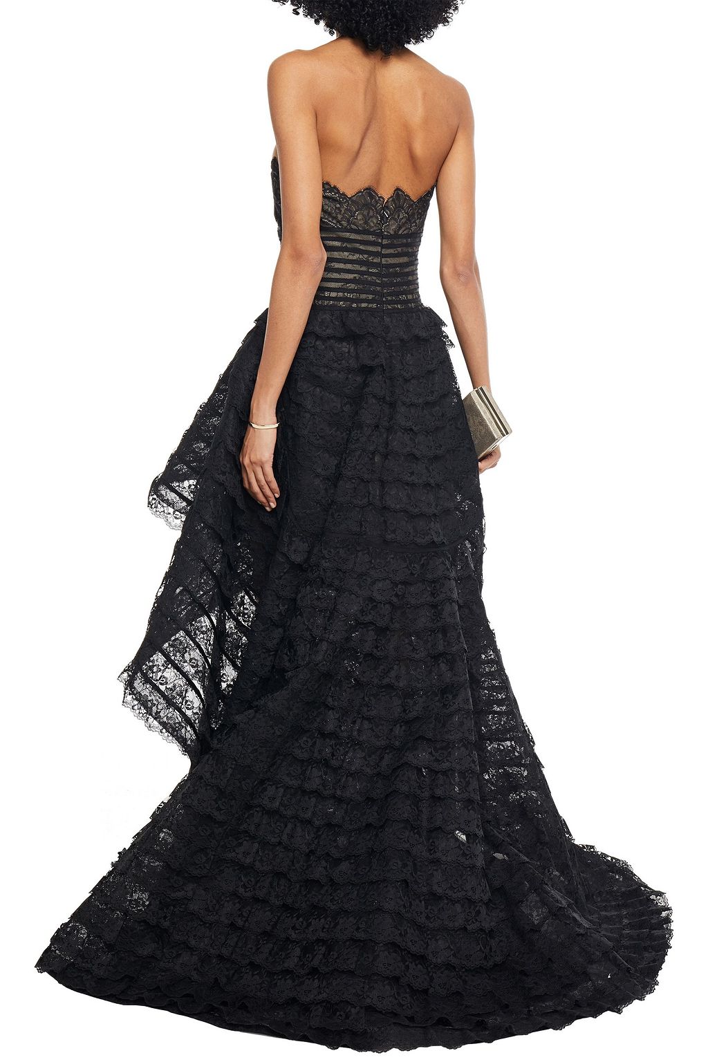 OSCAR DE LA RENTA Strapless grosgrain-trimmed tiered lace gown