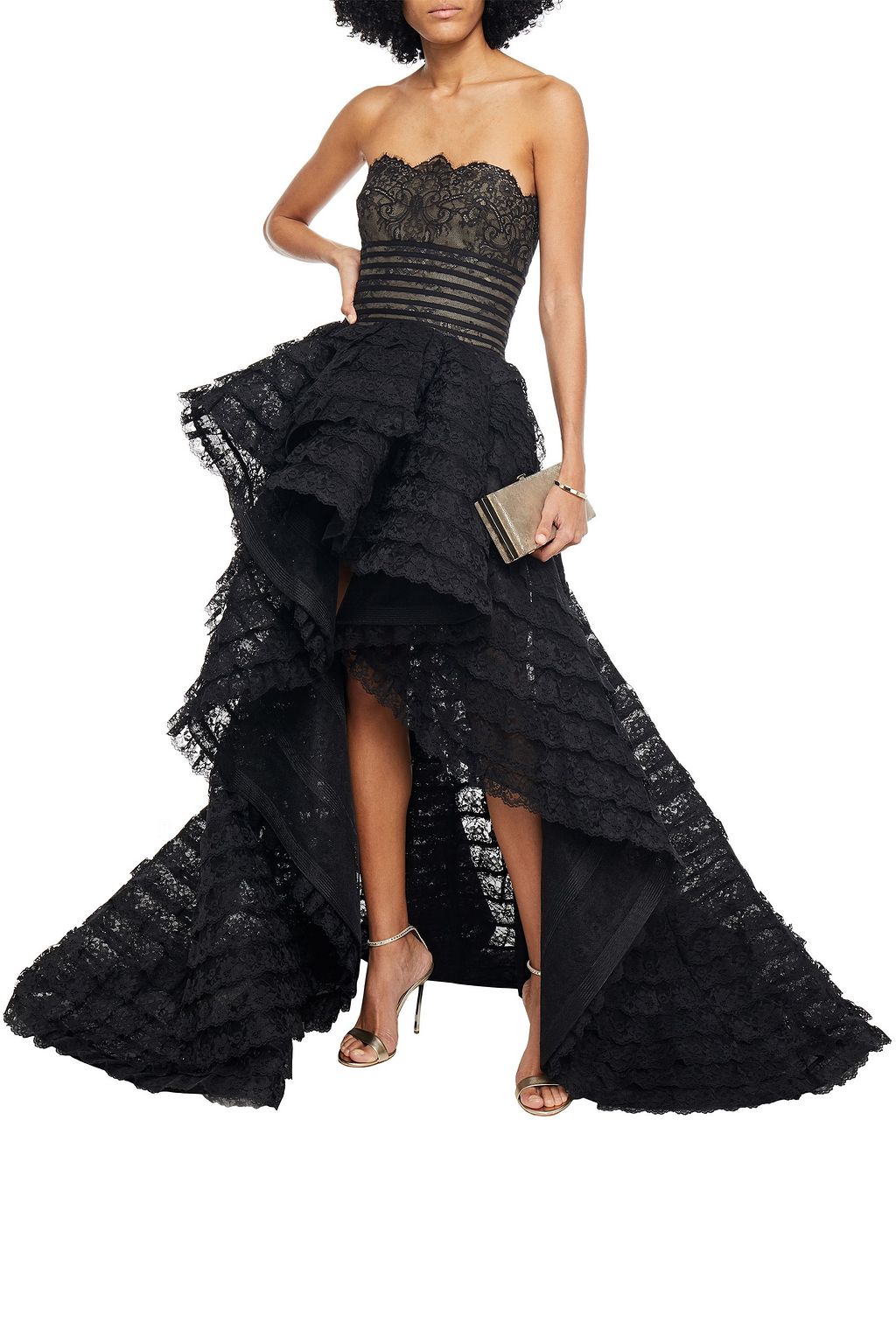 OSCAR DE LA RENTA Strapless grosgrain-trimmed tiered lace gown