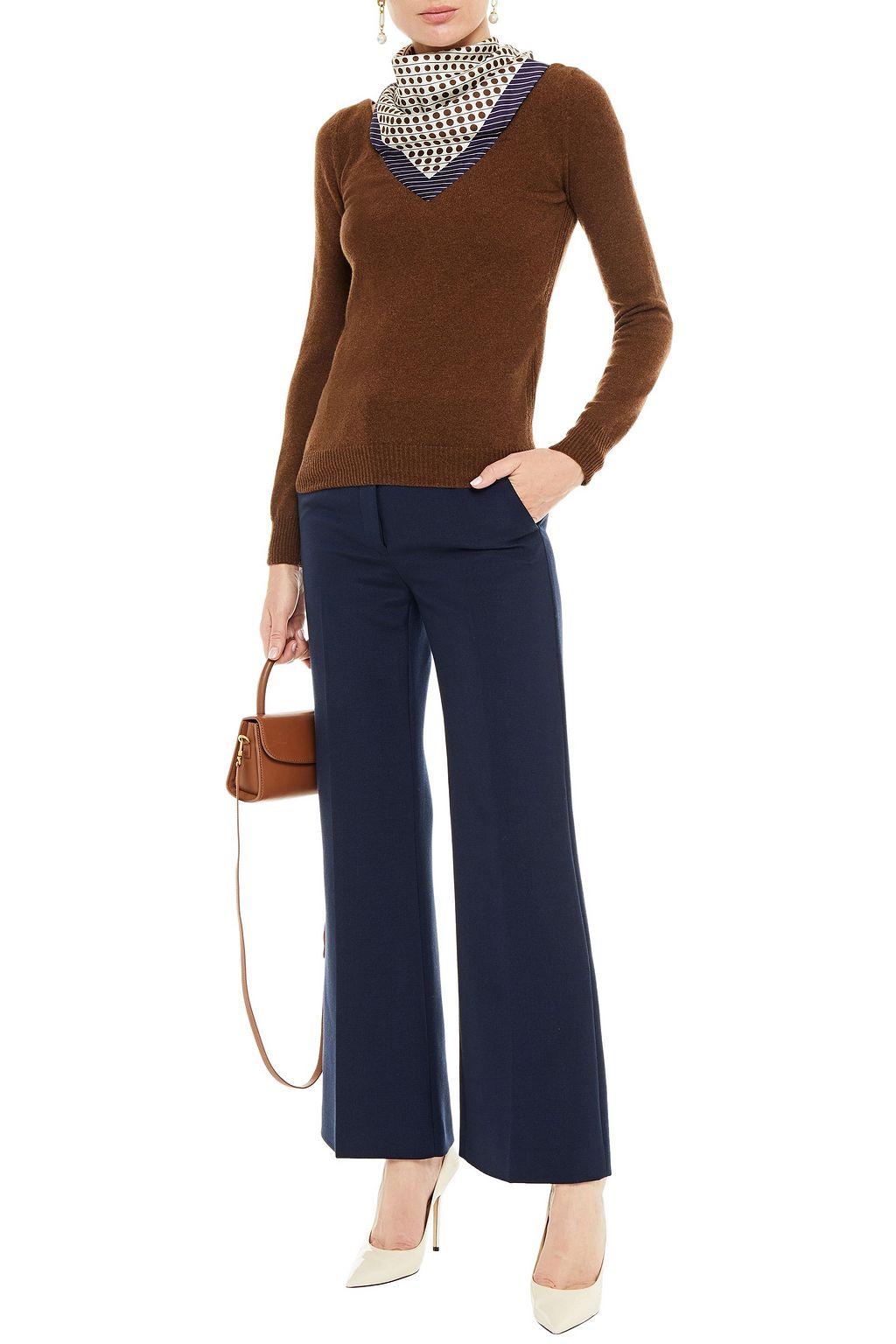 OSCAR DE LA RENTA Polka-dot satin twill-paneled cashmere sweater