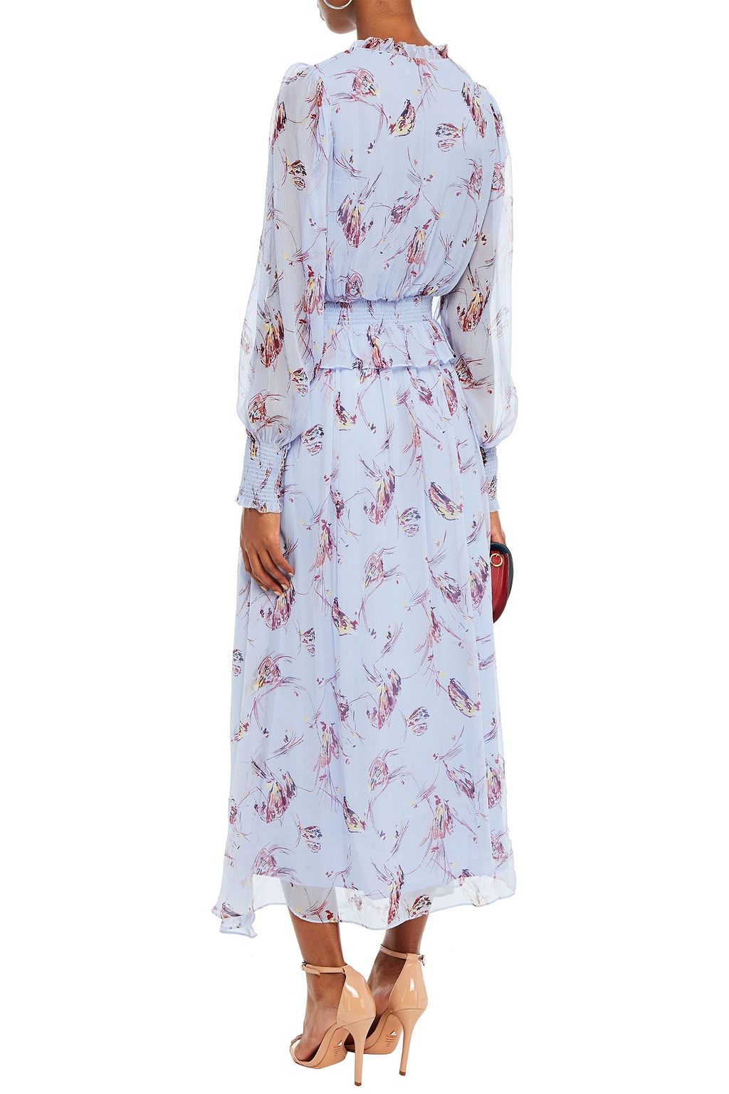 JOIE Ruffle-trimmed shirred floral-print silk-crepon midi dress