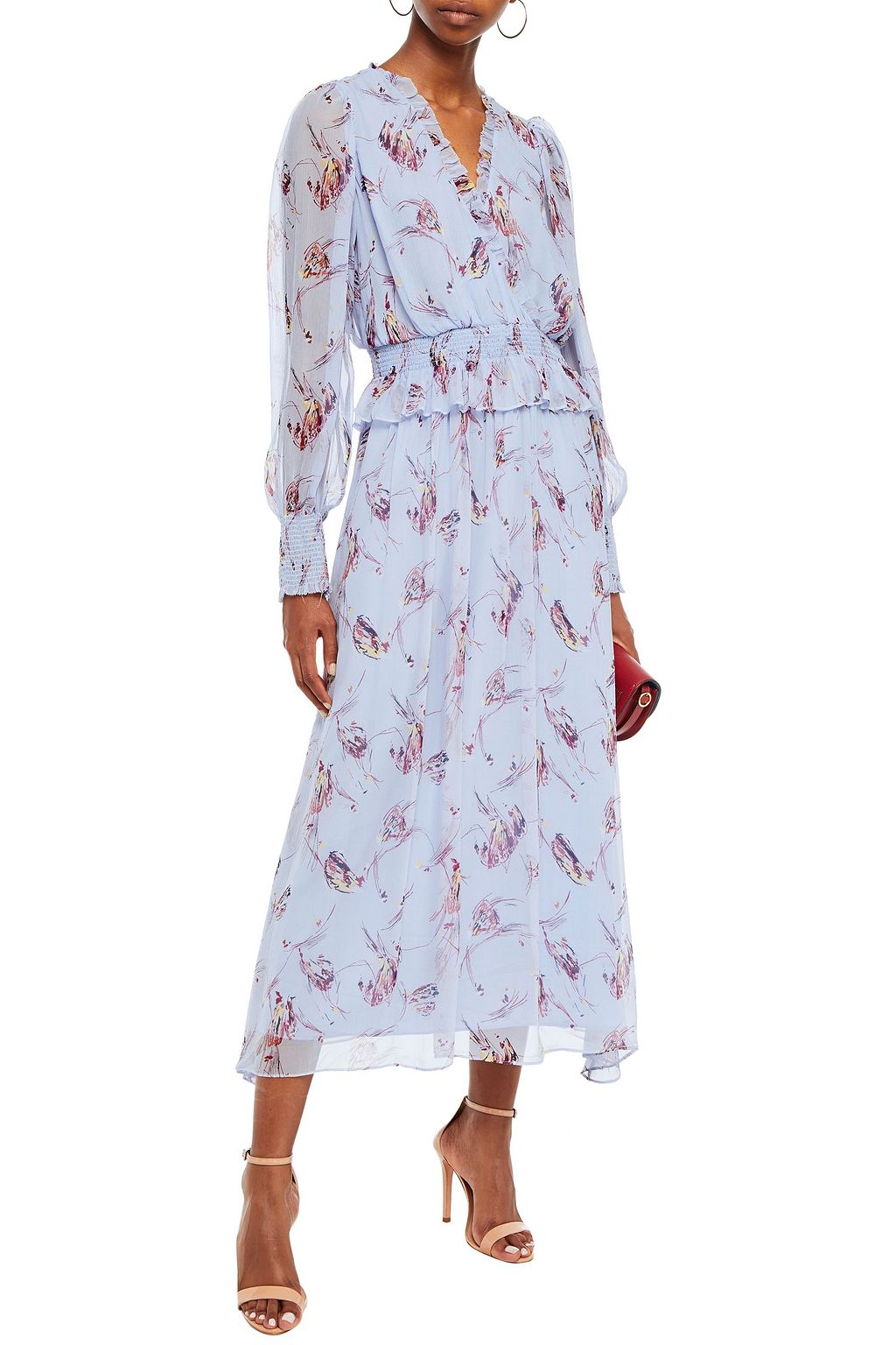 JOIE Ruffle-trimmed shirred floral-print silk-crepon midi dress
