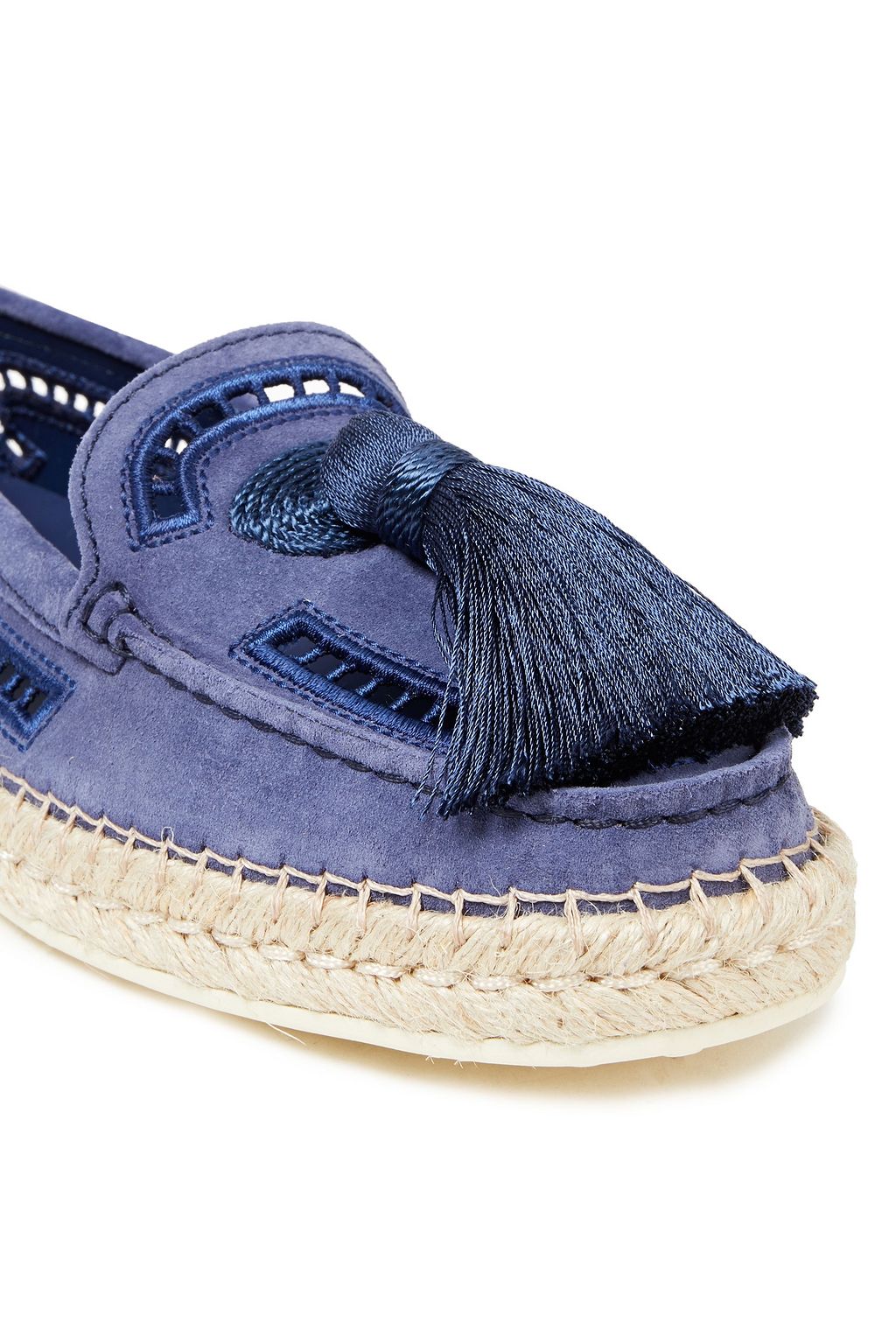 TOD'S Tasseled crochet-trimmed suede loafers