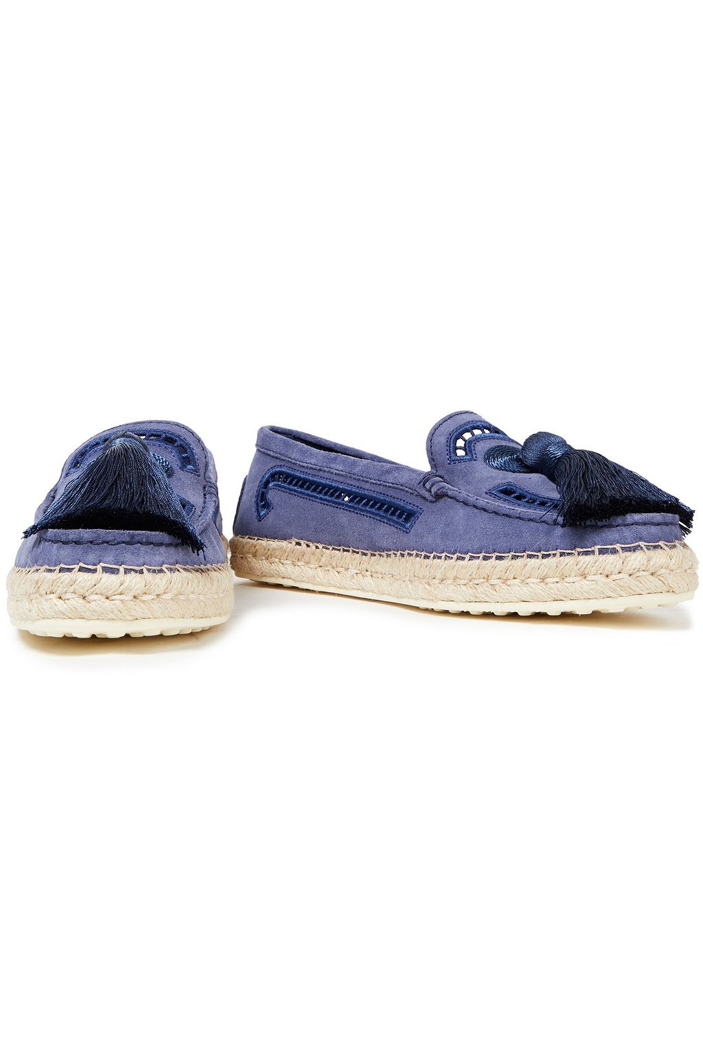 TOD'S Tasseled crochet-trimmed suede loafers