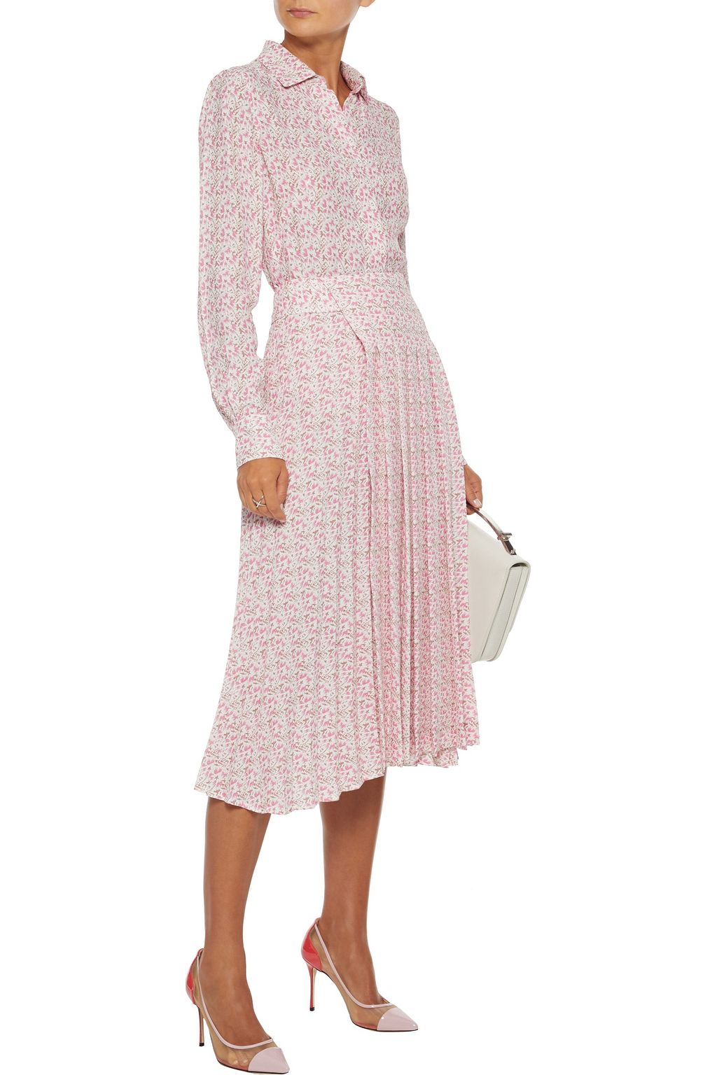 VICTORIA BECKHAM Pleated printed textured-crepe midi skirt