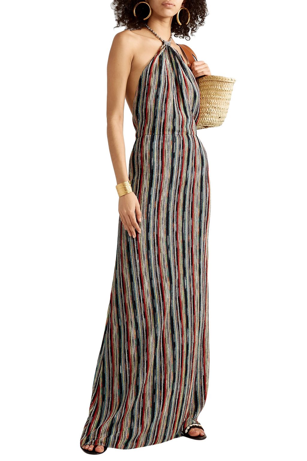 MISSONI Striped metallic crochet-knit halterneck maxi dress