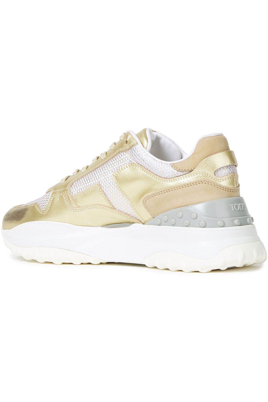 TOD'S Paneled metallic leather, mesh and suede sneakers