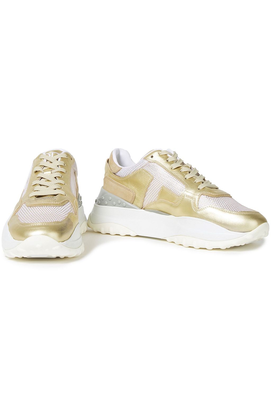 TOD'S Paneled metallic leather, mesh and suede sneakers