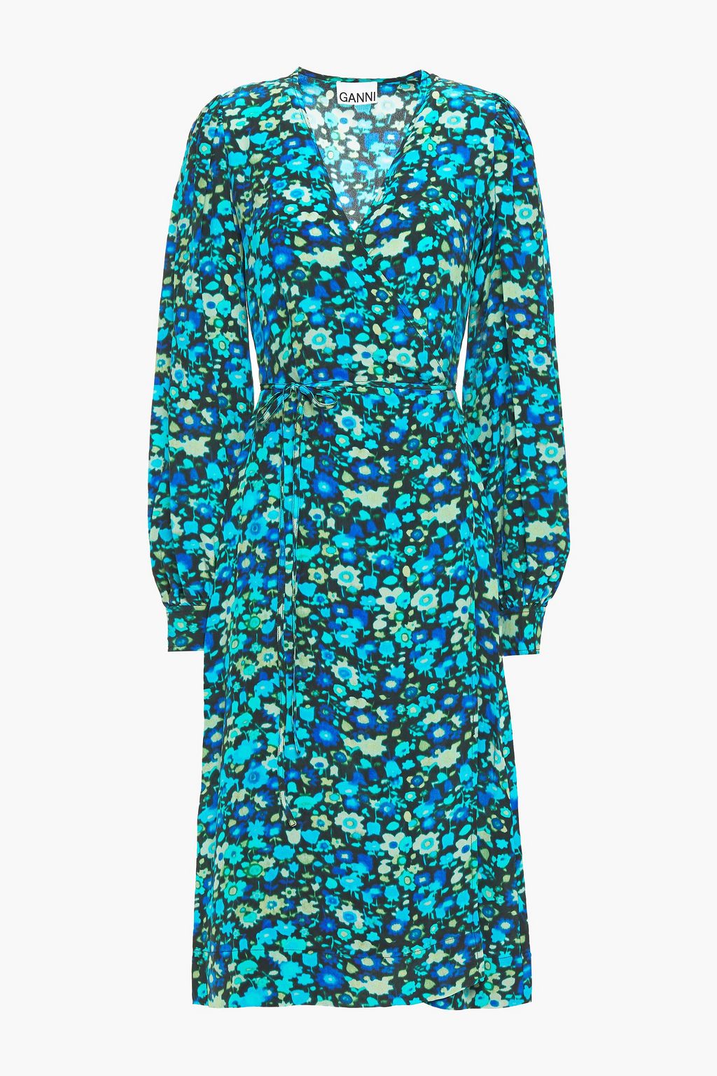 Turquoise Floral-print crepe de chine wrap dress | Sale up to 70% off | THE  OUTNET | GANNI | THE OUTNET