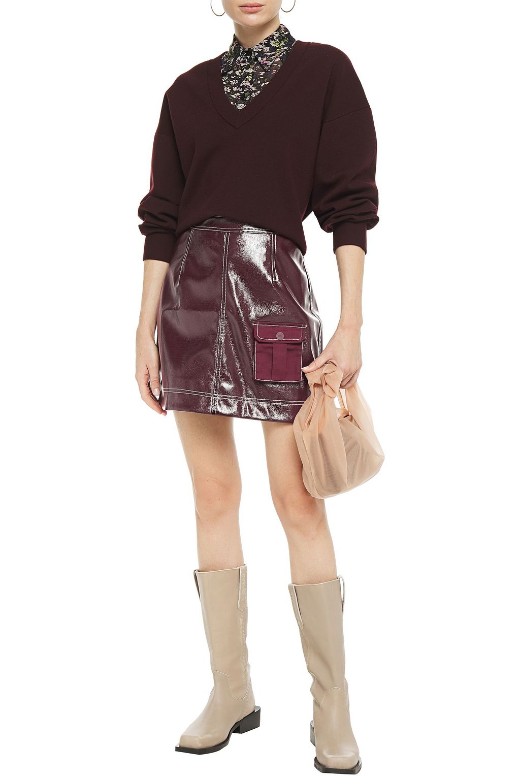 GANNI Canvas-paneled faux leather mini skirt