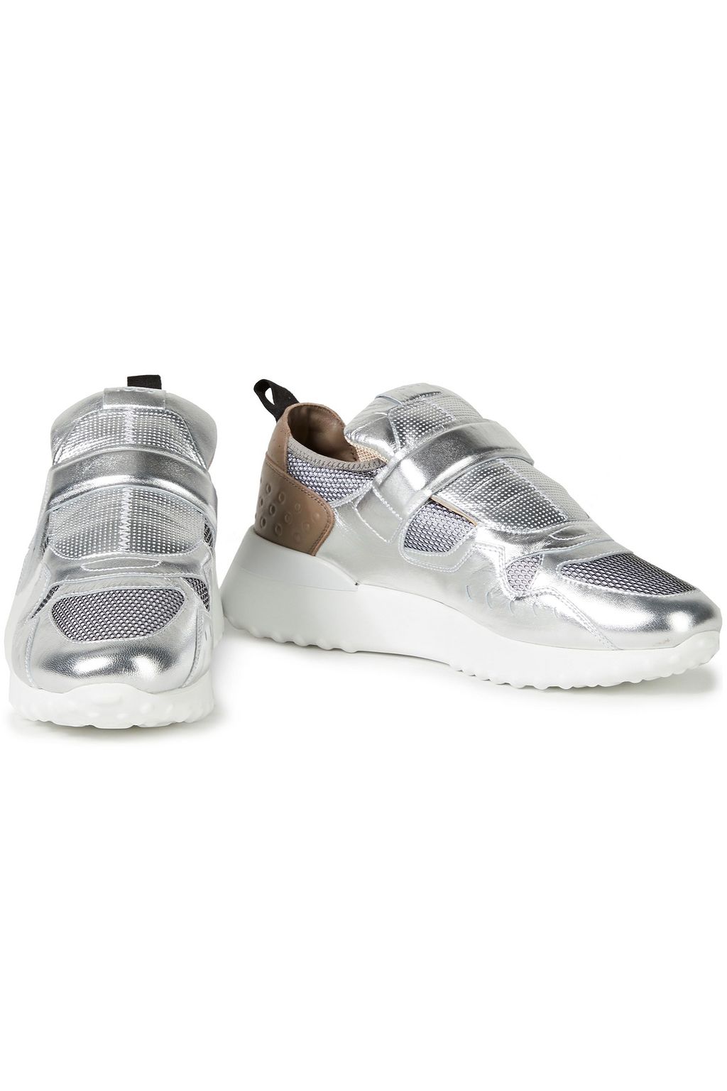 TOD'S Paneled perforated metallic leather and mesh sneakers