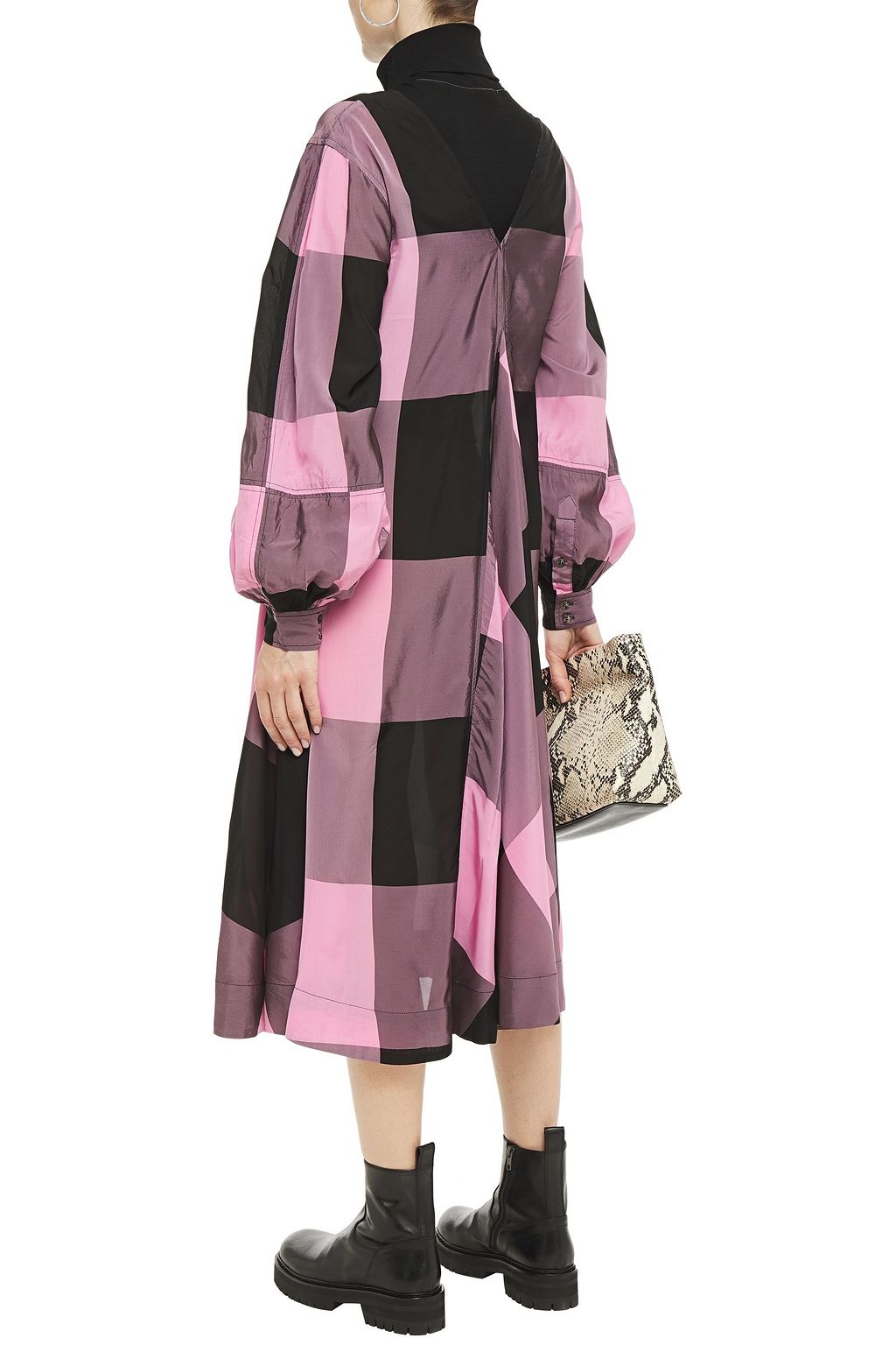 GANNI Draped checked shell midi dress