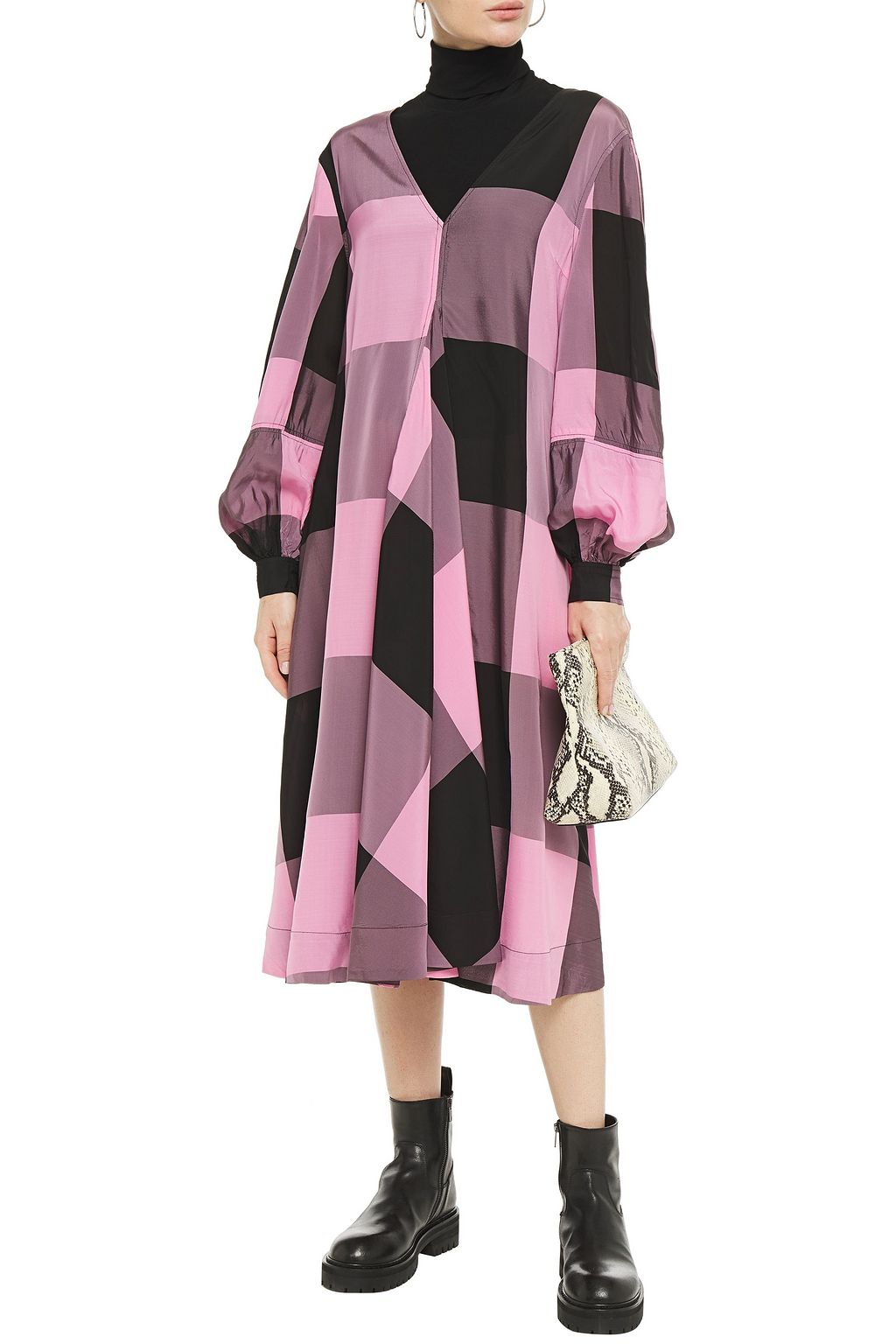 GANNI Draped checked shell midi dress