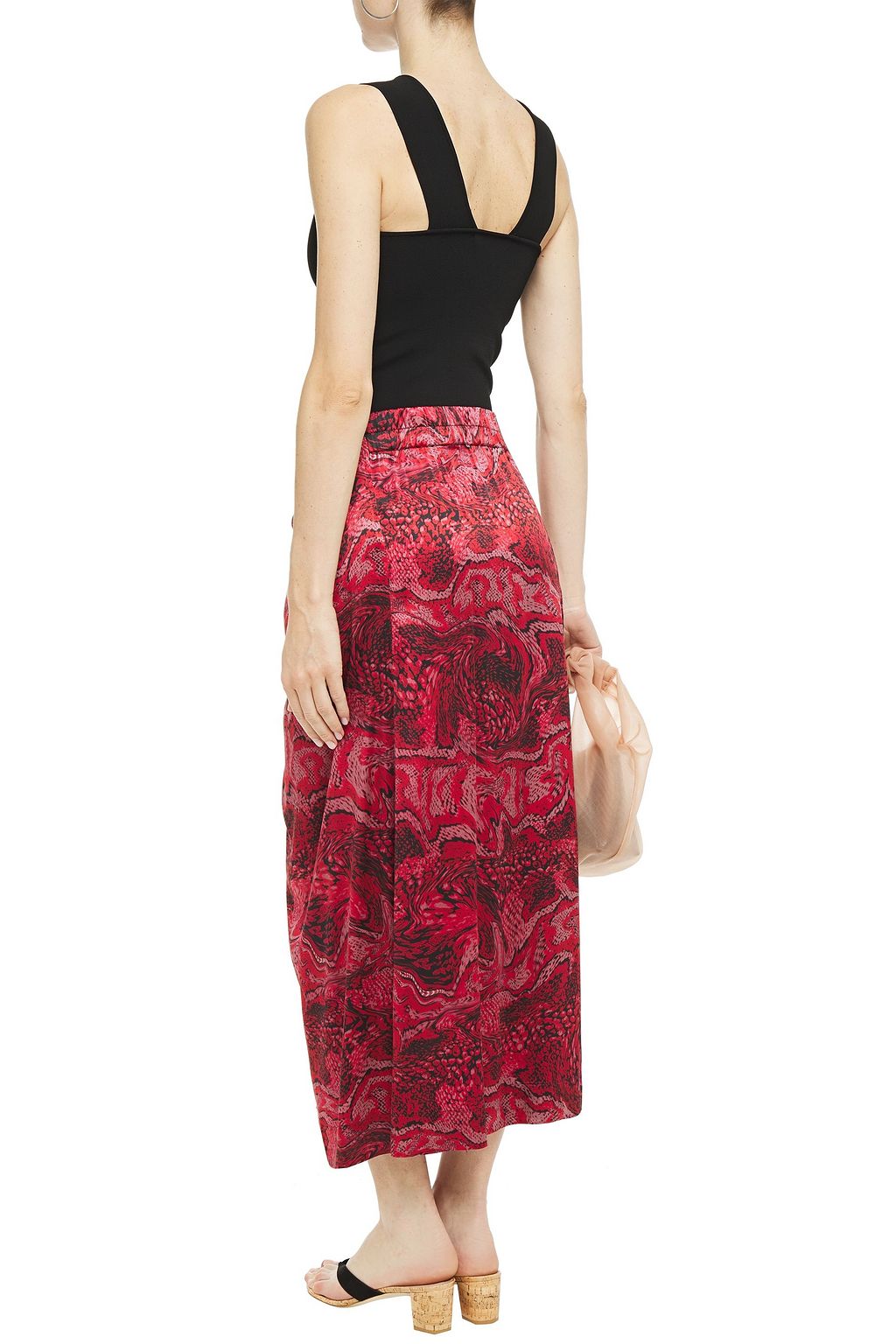 GANNI Tie-front printed stretch-silk satin midi skirt