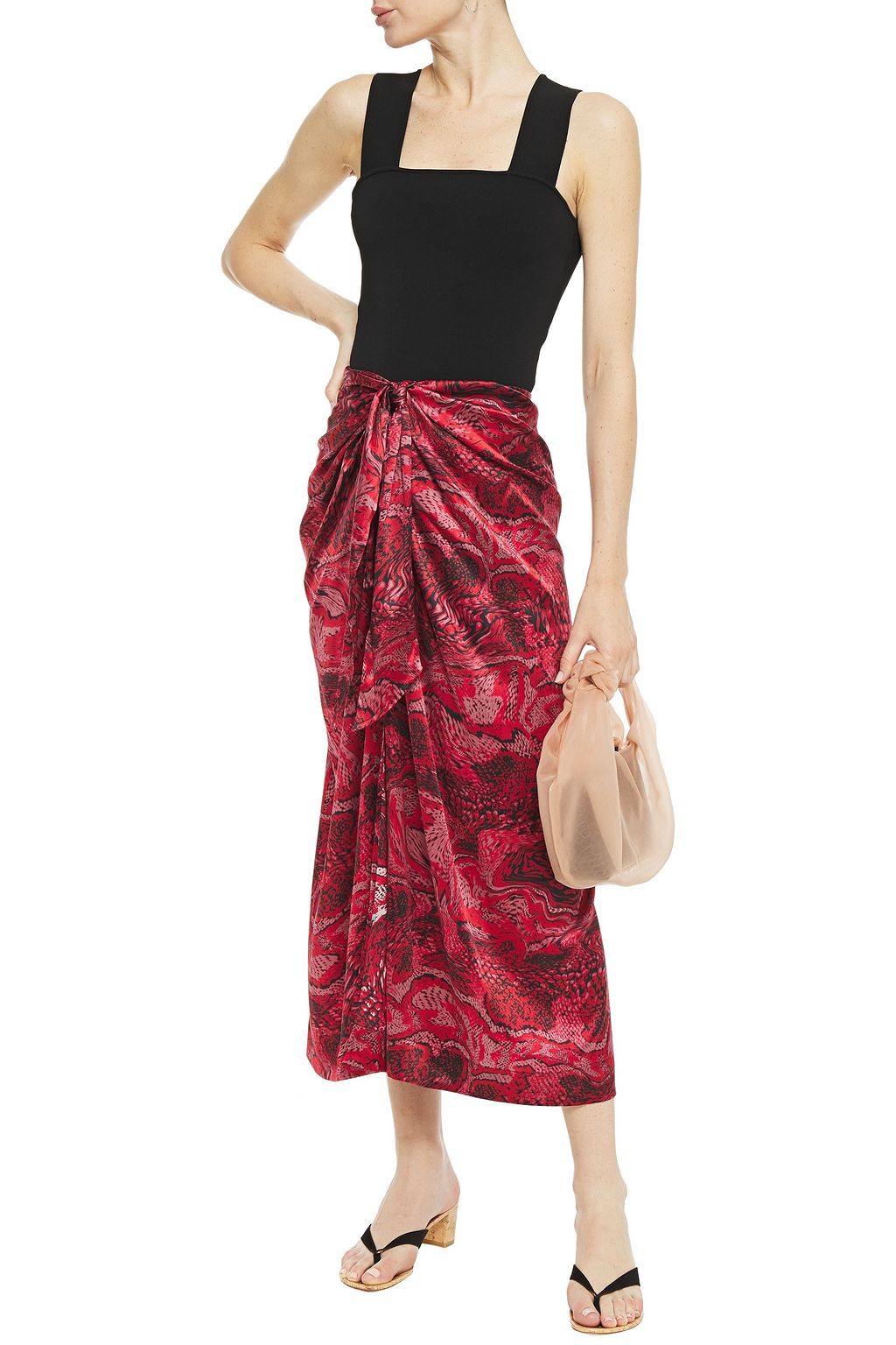 GANNI Tie-front printed stretch-silk satin midi skirt