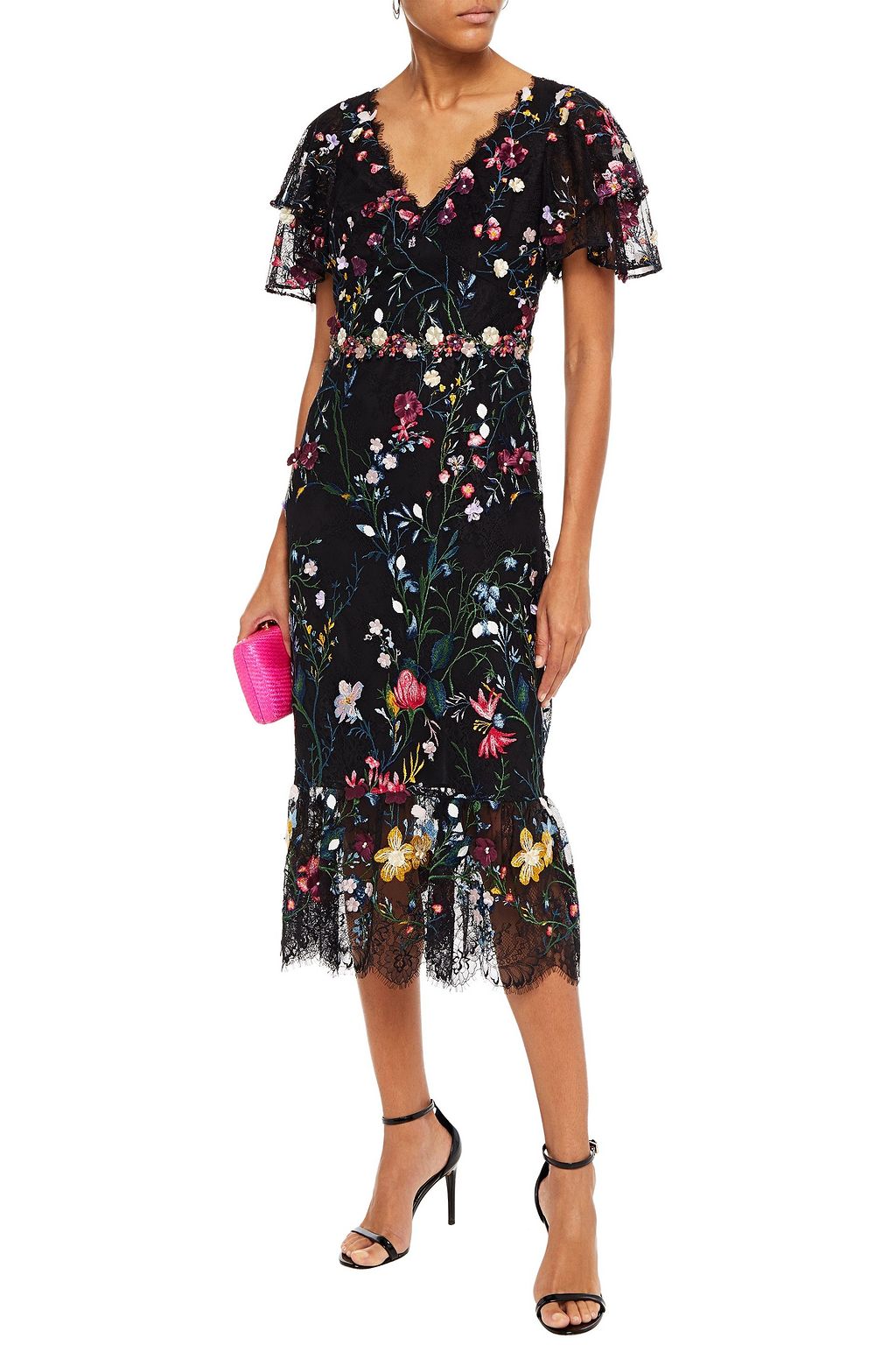 Black Floral Appliqued Embroidered Lace Midi Dress Sale Up To 70 Off The Outnet Marchesa Notte The Outnet