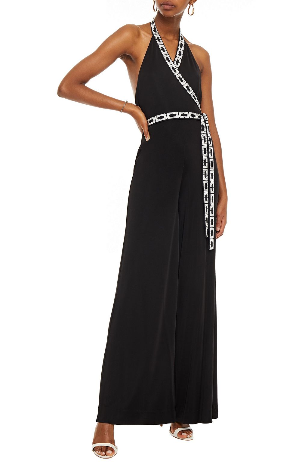 DIANE VON FURSTENBERG Crystal-embellished printed ponte wide-leg jumpsuit