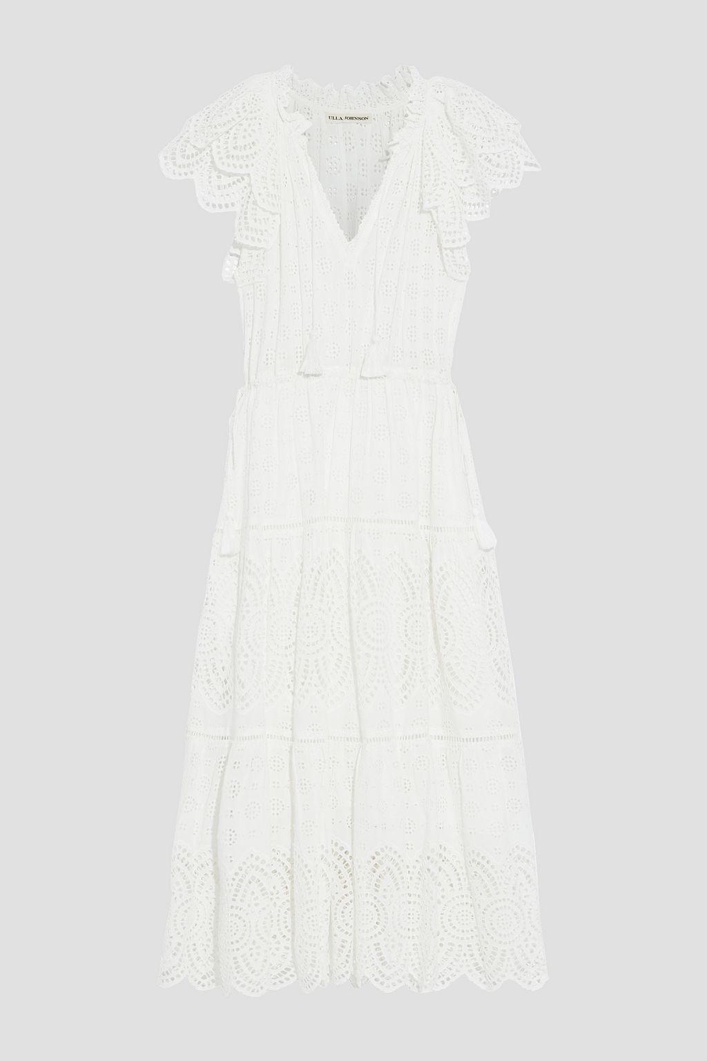 ULLA JOHNSON Gianna tasseled broderie anglaise cotton-blend midi dress ...