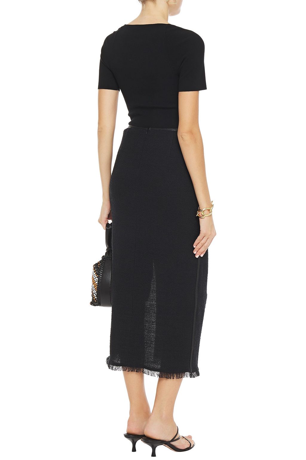 NANUSHKA Moja vegan leather-trimmed cotton-blend bouclé midi skirt