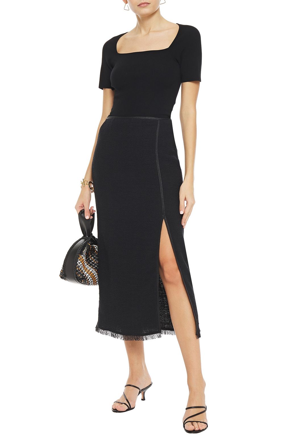 NANUSHKA Moja vegan leather-trimmed cotton-blend bouclé midi skirt