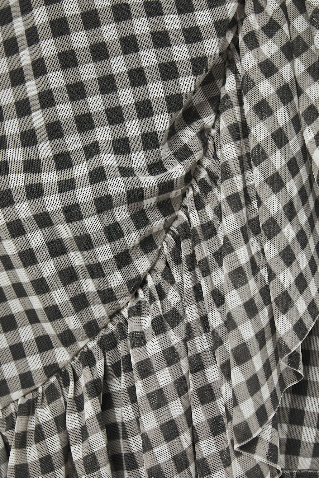 GANNI Ruffle-trimmed gingham stretch-mesh mini wrap dress