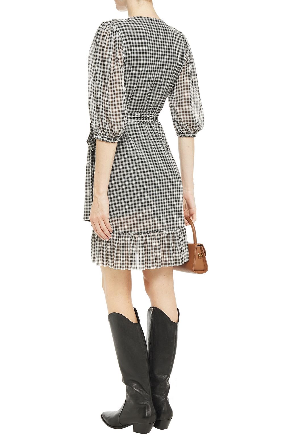 GANNI Ruffle-trimmed gingham stretch-mesh mini wrap dress