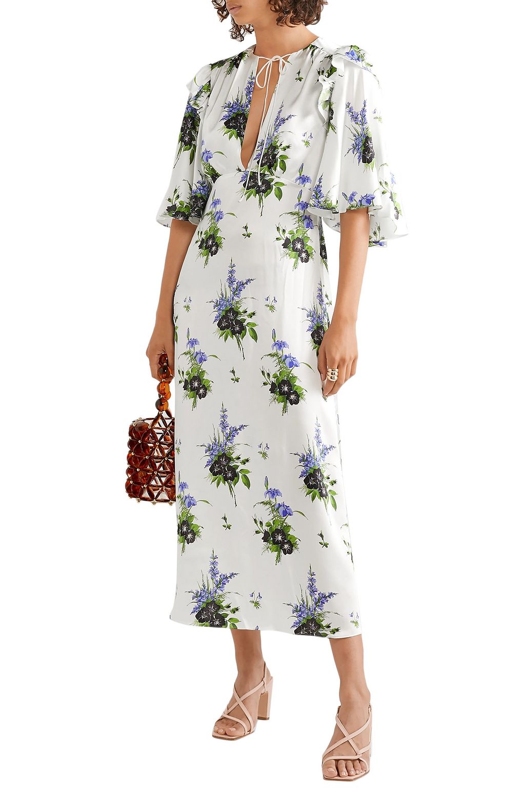 LES RÊVERIES Ruffled floral-print silk-satin midi dress