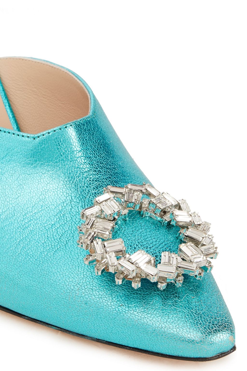WANDLER Lotte crystal-embellished metallic pebbled-leather mules