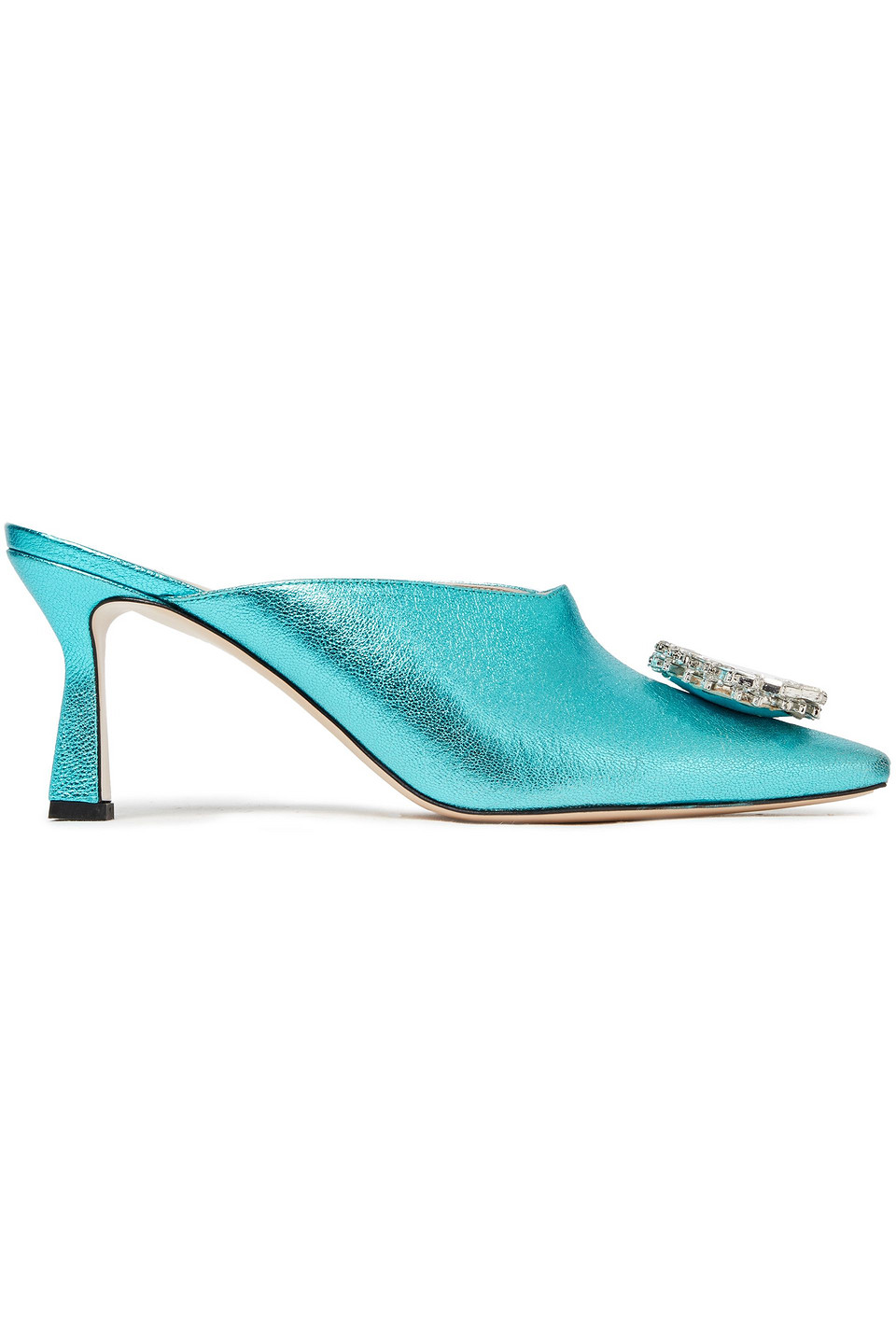 Wandler Woman Lotte Crystal-embellished Metallic Pebbled-leather Mules Turquoise Size 35.5