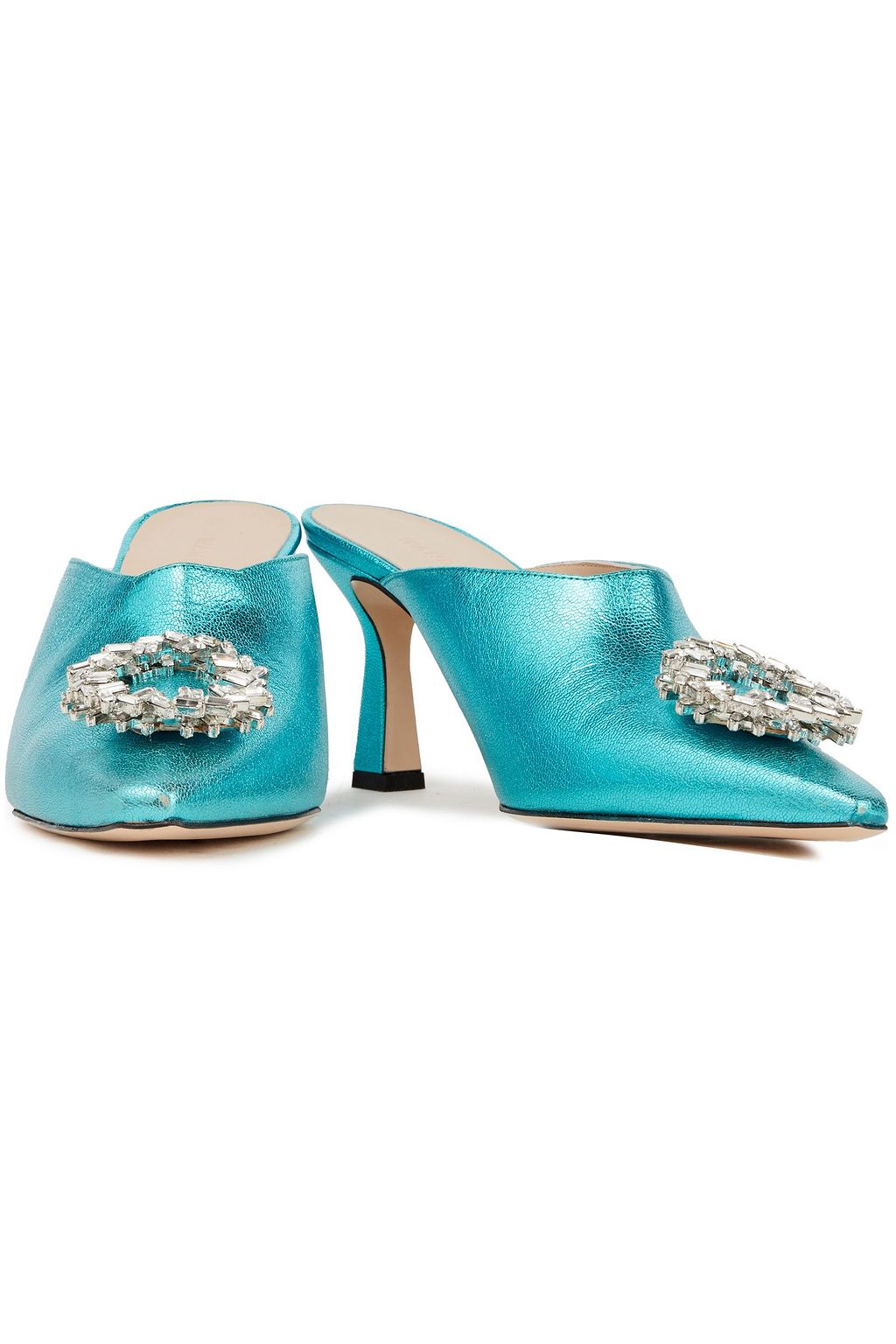 WANDLER Lotte crystal-embellished metallic pebbled-leather mules