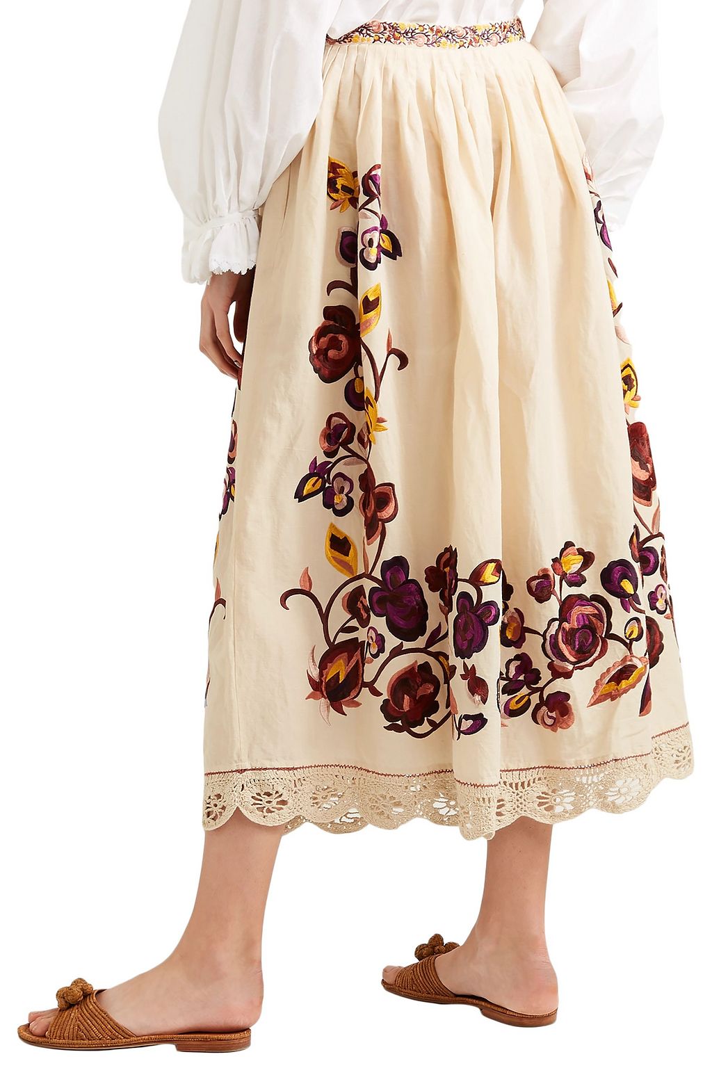 ULLA JOHNSON Yana embroidered linen and cotton-blend midi skirt
