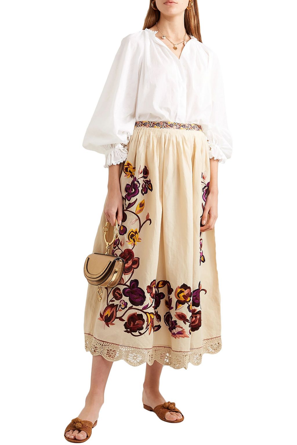 ULLA JOHNSON Yana embroidered linen and cotton-blend midi skirt