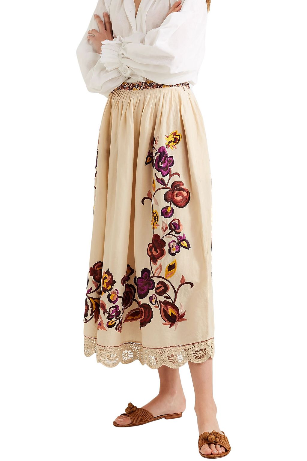 ULLA JOHNSON Yana embroidered linen and cotton-blend midi skirt