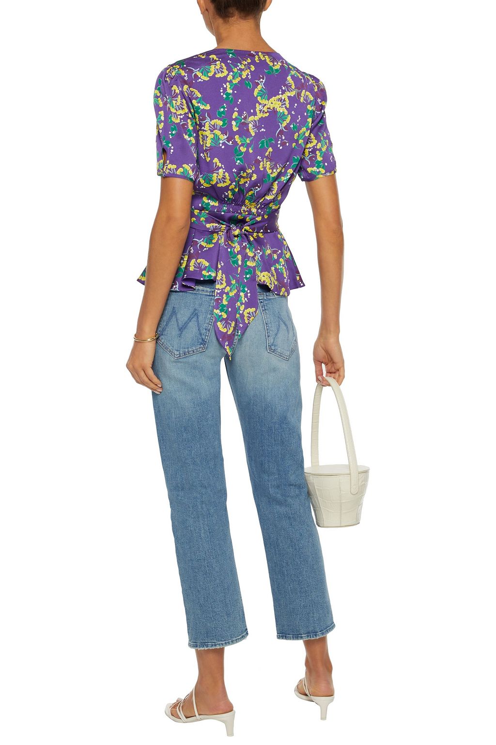 SALONI Lea floral-print hammered-satin peplum top