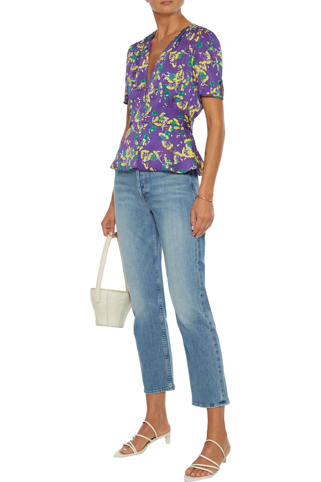 SALONI Lea floral-print hammered-satin peplum top