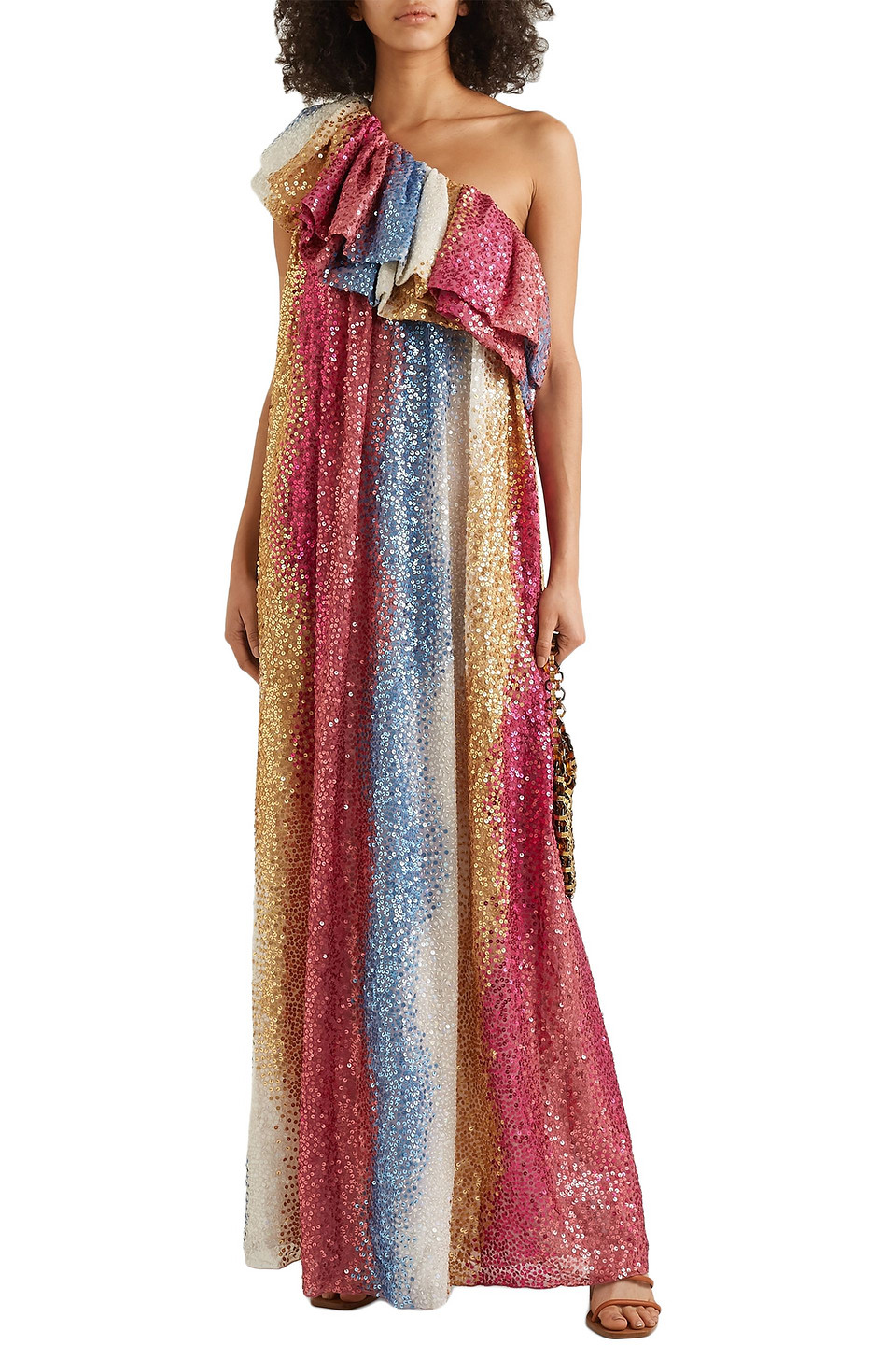 Stine Goya Janika One-shoulder Striped Sequined Silk Gown In Multi
