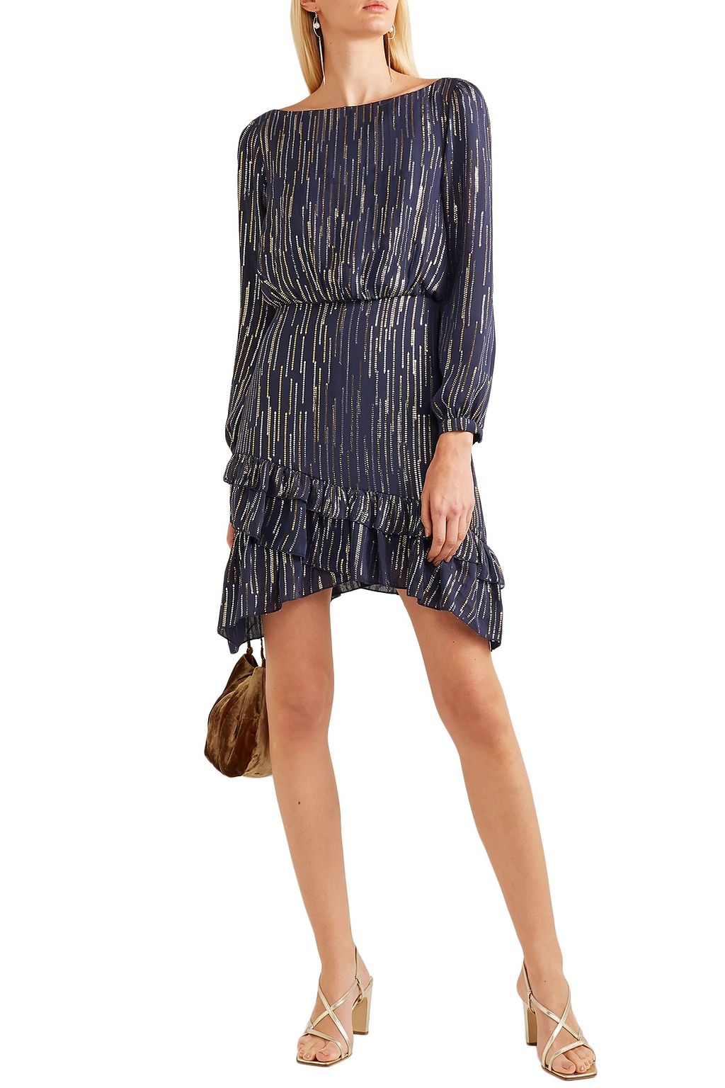 SALONI Felicia ruffled striped silk and Lurex-blend dress