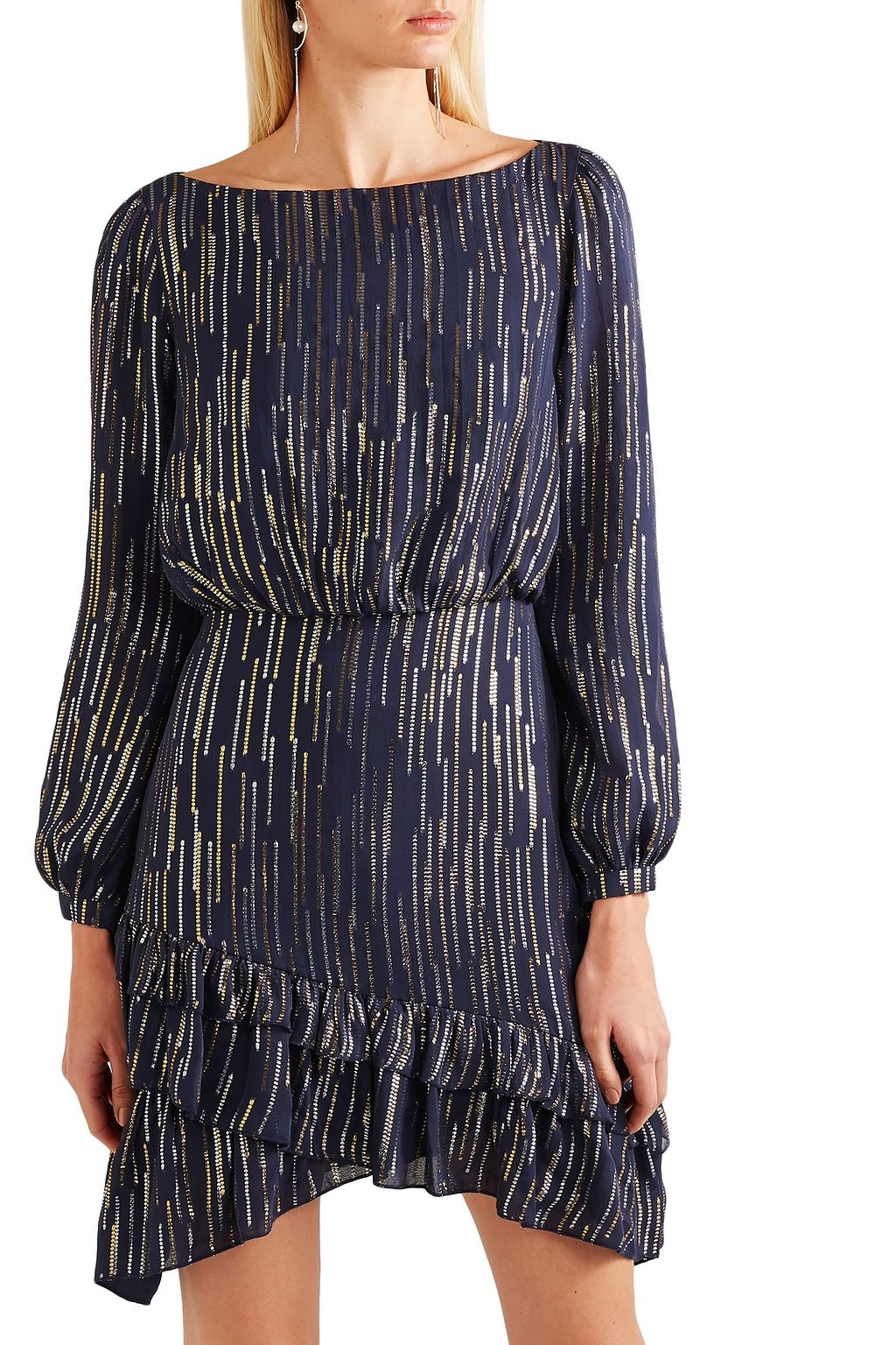SALONI Felicia ruffled striped silk and Lurex-blend dress