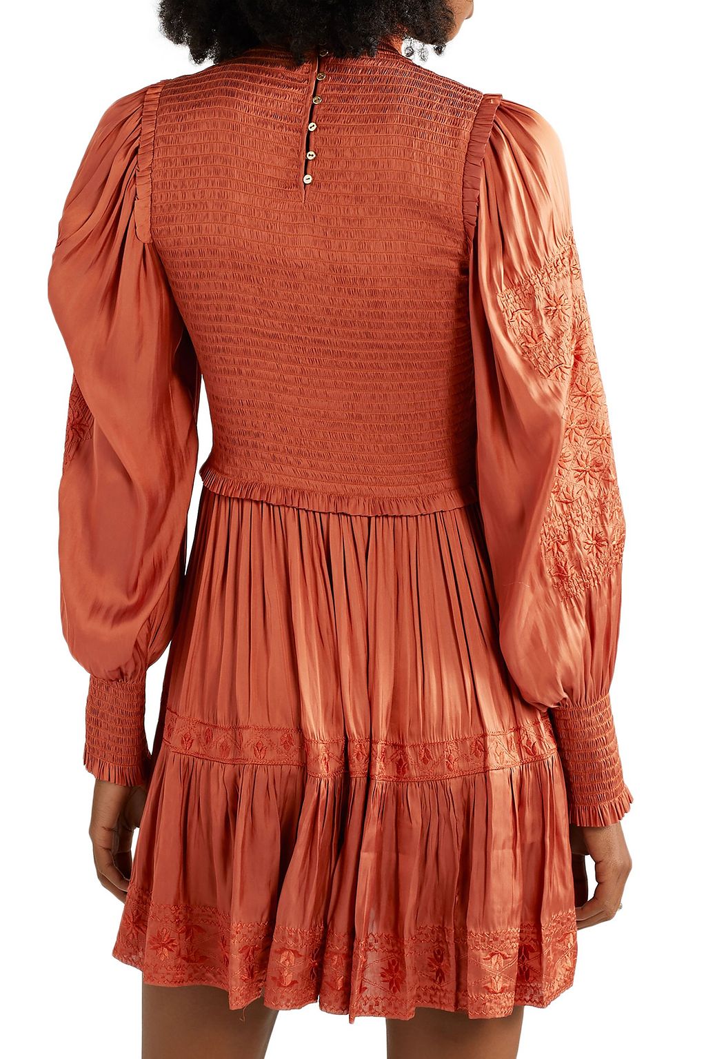 ULLA JOHNSON Angelica shirred embroidered satin mini dress