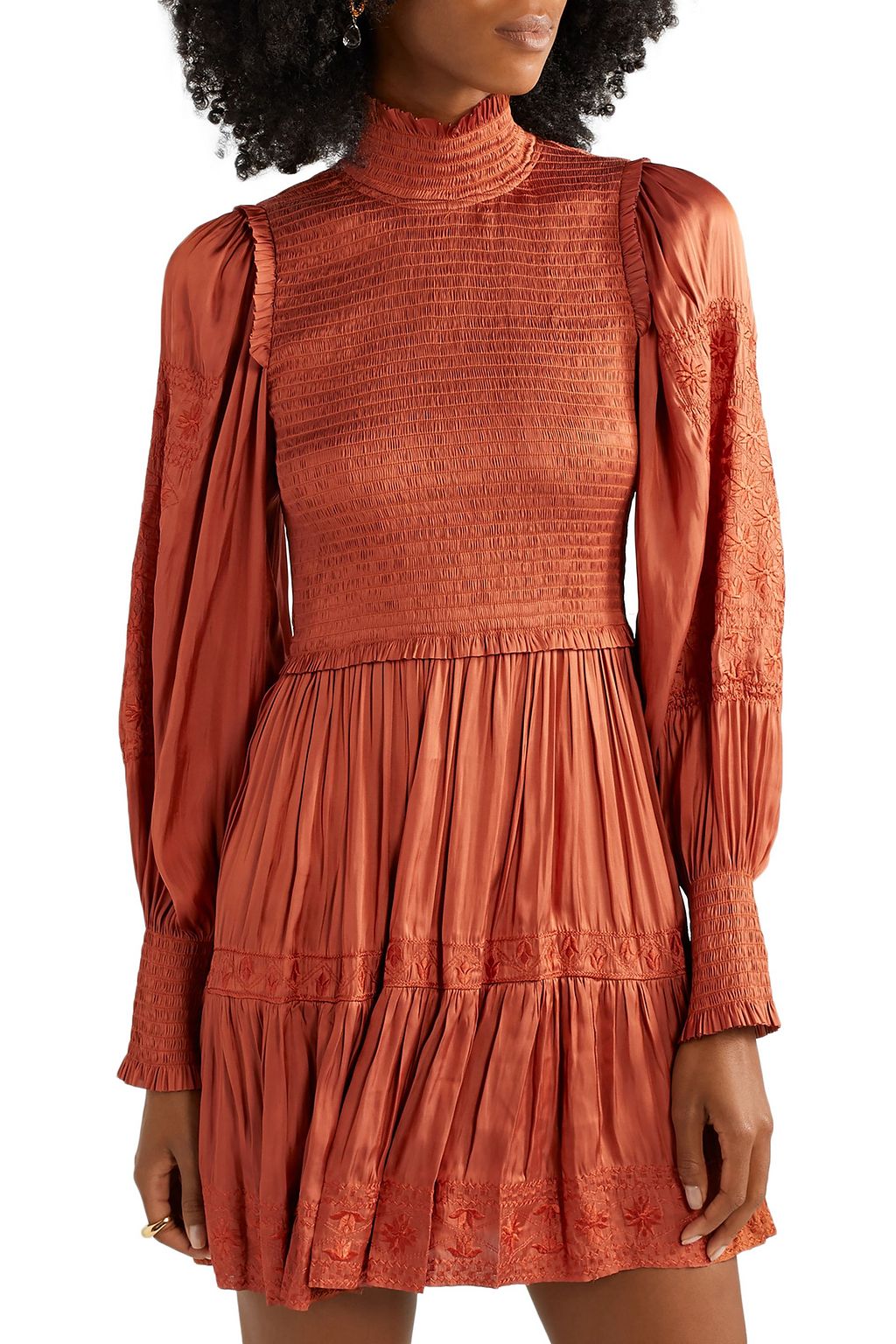 ULLA JOHNSON Angelica shirred embroidered satin mini dress