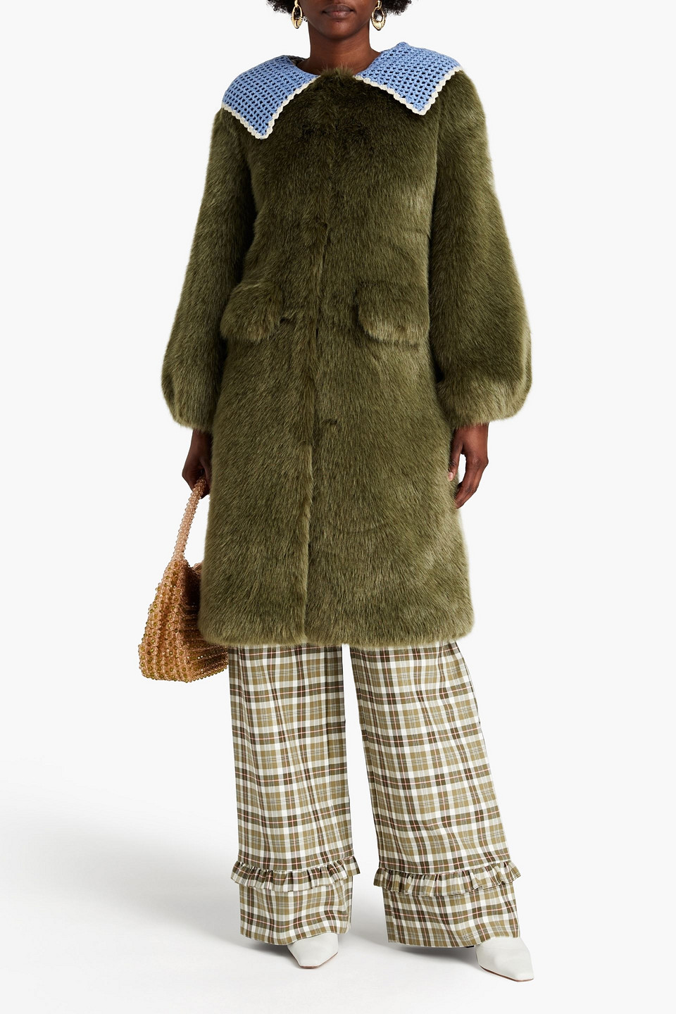 Shrimps Macramé-trimmed Faux Fur Jacket In Green