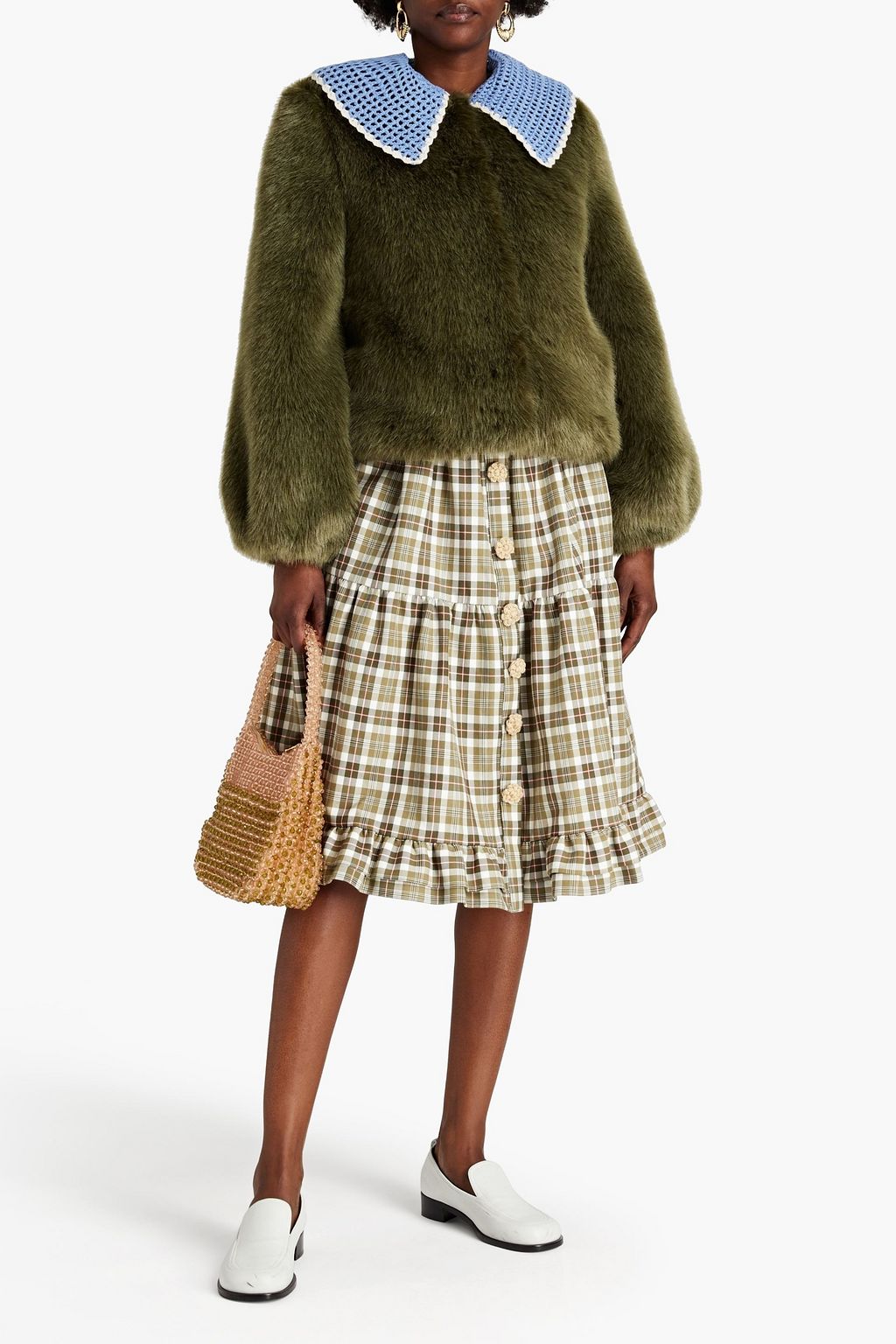 SHRIMPS Ralph macramé-trimmed faux fur jacket